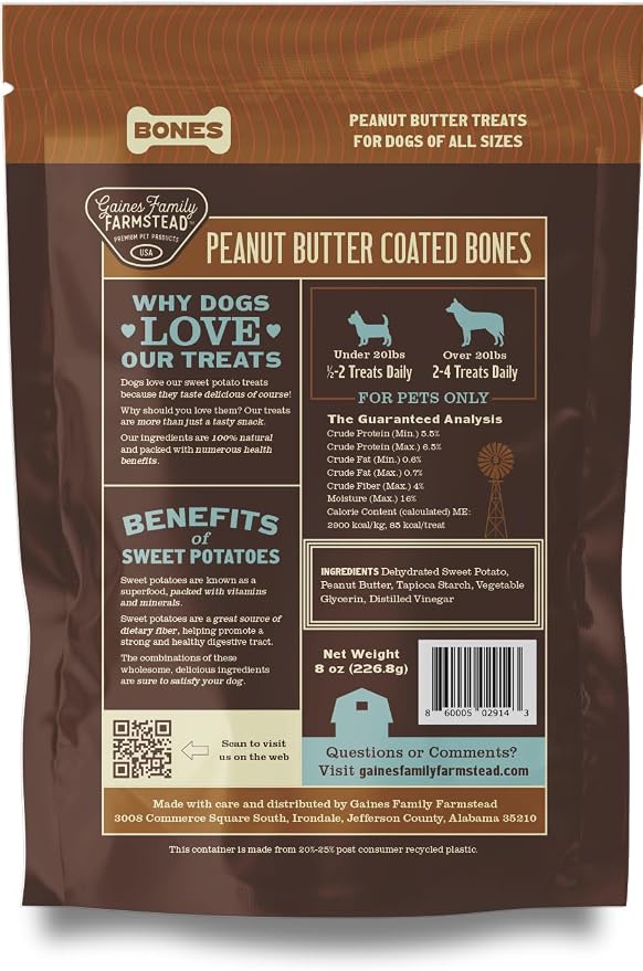 Gaines Family Farmstead Peanut Butter Coated Sweet Potato Dog Bones – 8 oz Bag, Grain-Free, Chewy, Natural Dog Treats for Digestion, Skin, Energy & Immunity – Limited Ingredient, Made in USA