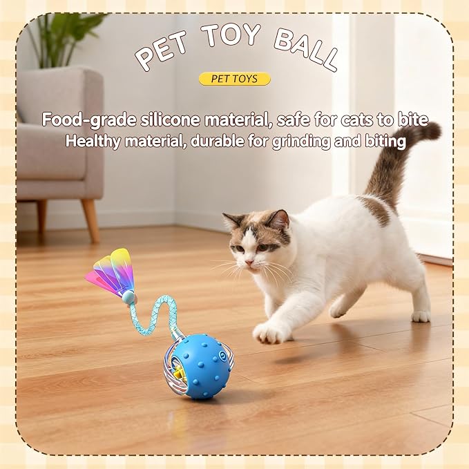 Interactive Cat Toy, Auto Chirping Ball w/ 3 Tails, Self Play Indoor | USB-C charge, 2 modes, obstacle avoid, soft TPE tails, quiet, LED, durable ABS, Easter gift boredom relief red