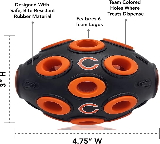 First NFL Chicago Bears Football Treat Dispensing Toy for Dogs and Cats, Interactive Fun, Natural Rubber