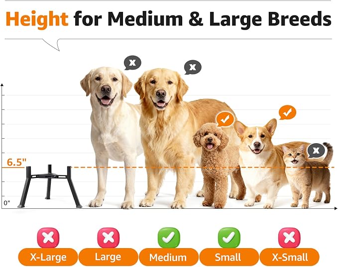 LOOBANI Double Dog Bowl Stand: 2-in-1 Elevated Food Water Bowl, Adjustable Width Fits Bowls 5.9"-8.7" (Stand Only), Anti-Slip Raised Bowl for Medium Adult, Senior, Arthritis Dogs, Black, Medium