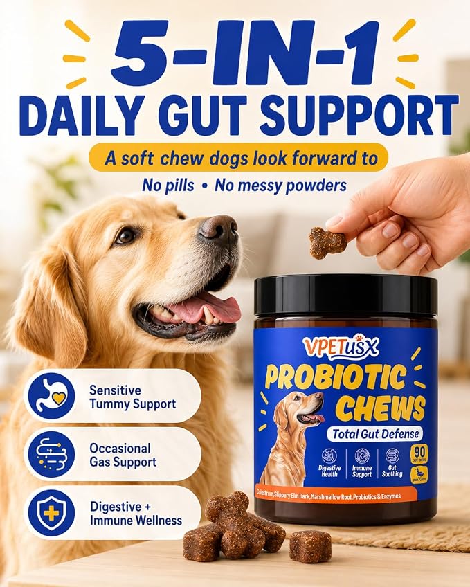 Advanced Dog Gut & Immune Support - Probiotics for Dogs Upset Stomach & Gas Relief with Pumpkin, Slippery Elm,Colostrum & Digestive Enzymes, (Duck Flavor 90 ct)
