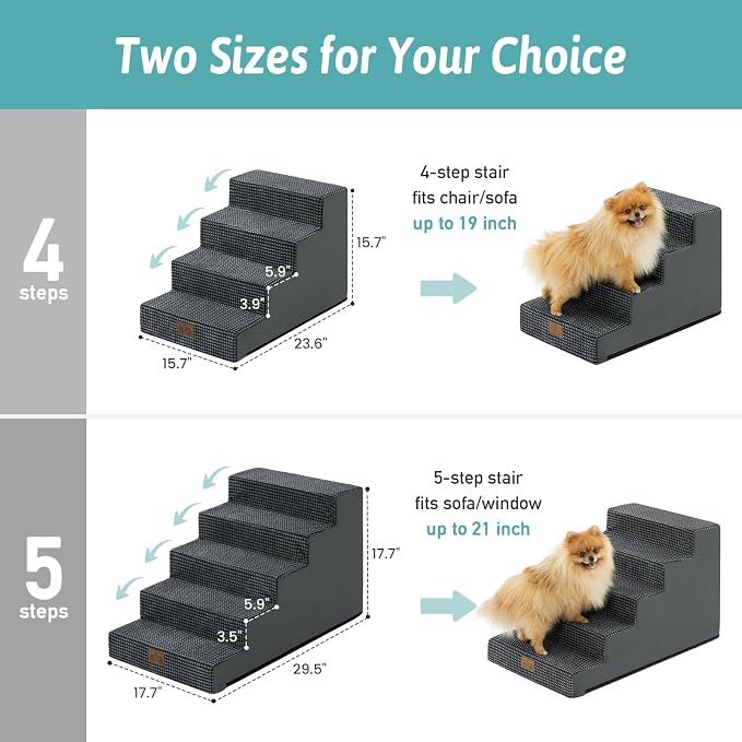 COZY KISS Dog Stairs for Small Dogs, 4 Step Pet Stairs for Beds & Couches | 15.7" H Non-Slip Dog Steps for Bed & Sofa, Gentle Incline for Puppies, Senior Cats, and Small Dogs, Charcoal Grey