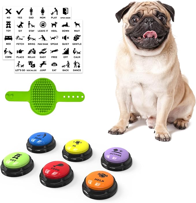 Dog Buttons for Communication, 6 Pack, with Non-Slip Mat & Bath Brush