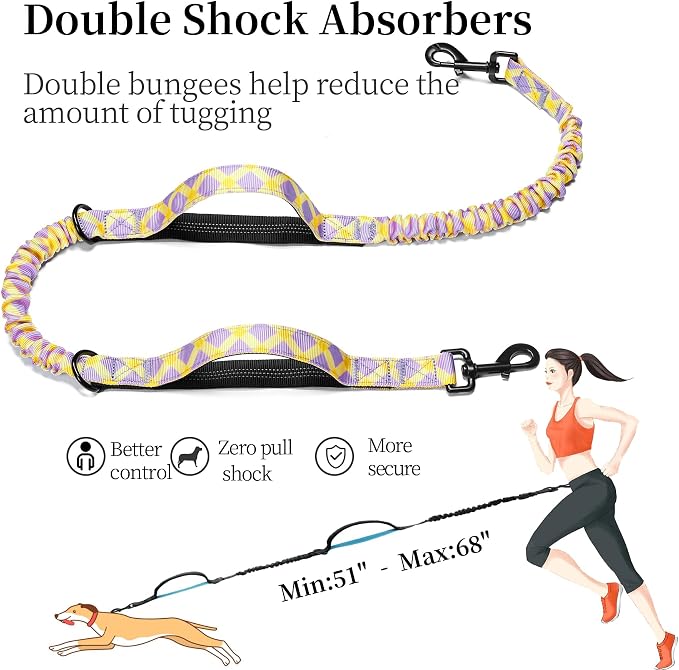 iYoShop Hands Free Dog Leash with Zipper Pouch, Purple-Yellow Mix, Large | Waist Leash, Dual Padded Handles, Shock-Absorbing Bungee, Adjustable Waist Belt, Walking and Running