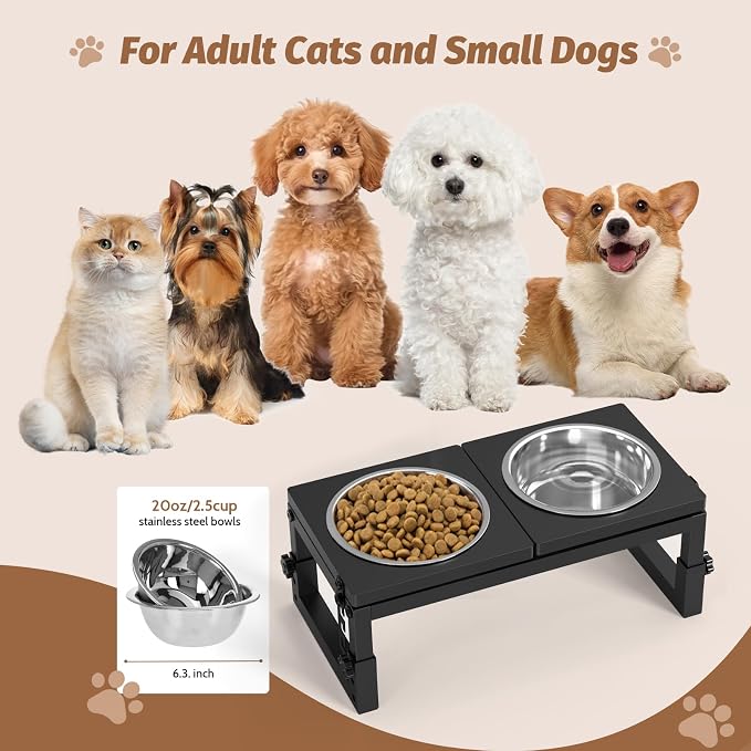 Dog Bowls Elevated Small, 3 Height(4.2" to 6") & Angle (0-20°) Adjustable Raised Dog Bowl Stand, Elevated Dogs Bowl Stand Pet, Sturdy Metal Dogs Feeding Station with 2X 20oz (2.5cup) Dishes