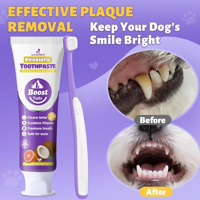 Vet Recommended Small Dog Teeth Brushing Kit 2.52oz + Natural Coconut Oil Dog & Cat Toothpaste for Fresh Breath 3.52oz