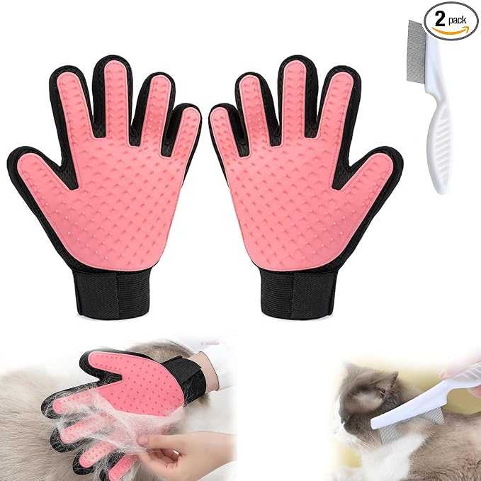 Pet Grooming Gloves Cat Brushes Gloves，Gentle Brush for Cats, Dogs, and Horses,Comes with a Comb (Pink A pair)