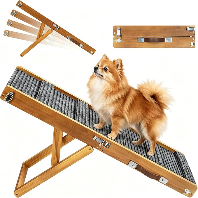 Pawaboo Dog Ramp for Small Dogs & Car – 4 Adjustable Heights (13"-21") with Non-Slip Pad, Foldable Pet Stairs for Couch & Sofa, Walnut