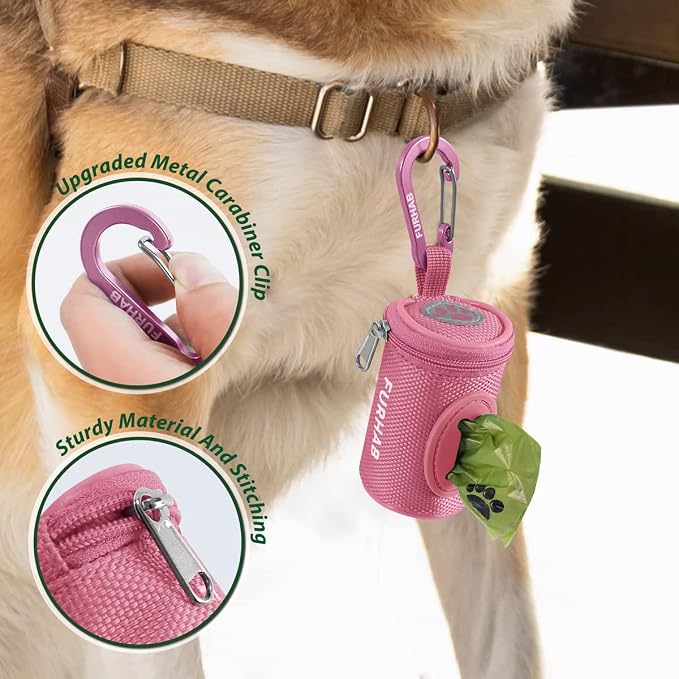 FURHAB Dog Poop Bag Holder for Leash Doggie Waste Bag Dispenser Soft Fabric Puppy Potty Carrier Small Doggy Zipper Pouch with Carabiner Clip 1680D Nylon Oxford with 1 Roll of Pet Trash Bags, Pink