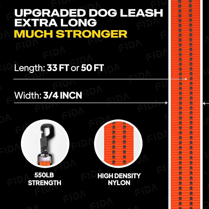 Fida Obedience Recall Training Agility Lead, 30FT Long Dog Leash, Orange | 33FT & 50FT, Traffic Handle, Soft Padded, Reflective for Night Safety, Durable Nylon Dog leash for Small Medium Large Breeds