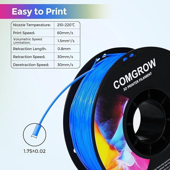 Comgrow TPU Filament 1.75, 3D Printing Filament, Flexible 3D Printer Filament, 95A Soft 3D Printing Filament fit Most 3D Printers Dimensional Accuracy +/- 0.02mm Filament TPU Blue 1kg (2.2lbs)