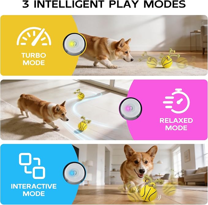 Pet Prime Interactive Dog Ball Toy with Rope,Rechargeable Automatic Rolling Ball with Motion Activated,3 Play Modes for Medium/Large Dogs, Self-Moving Toy to Keep Pets Busy and Entertained Yellow
