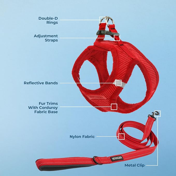 Best Pet Supplies Voyager Step-in Plush Dog Harness - Soft, Step in Vest Harness and Reflective Dog 5 ft Leash Combo with Neoprene Handle for Small and Medium Dogs, Red Corduroy, S