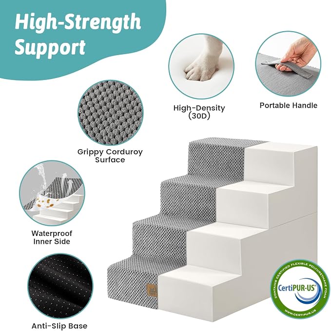 COZY KISS Dog Stairs for Small Dogs, 4 Tier Removable Wider Pet Stairs for Couch and Bed, 17.7" H Dog Steps for Old Cats, Puppy, Small Dogs, 17.7x23.6x17.7 inch, Gray
