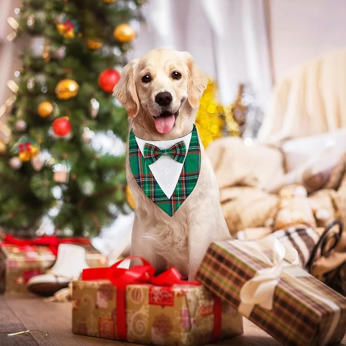 Adjustable Green Plaid Christmas Dog Tuxedo Bandana with Bow Tie, Medium, XS, Green