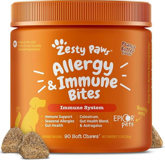 Zesty Paws Allergy Immune Bites - Dog Allergy Chews, Dog Probiotics for Itchy Skin and Ears, Peanut Butter, 90ct