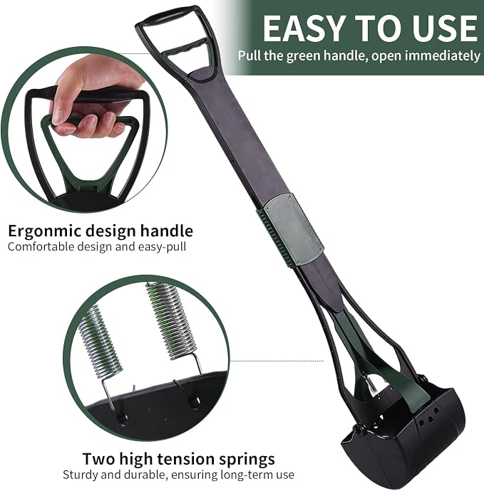 36" Tall Pooper Scooper for Large Dogs Heavy Duty, Long Handle Poop Scoop for Yard, Grass, Gravel, Dog Poop Grabber with High Strength Material and Extra Wide Grip(Dark Green)