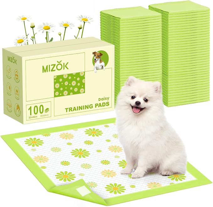 MIZOK Puppy Pads 22"x22", Dog Pee Pads 6-Layer Super Absorbent & Leak-Proof, Daisy Pattern, 4-Corner Adhesive Tabs, Wee Wee Pads for Puppies & Small Dog Breeds, Regular Size (100 Counts)