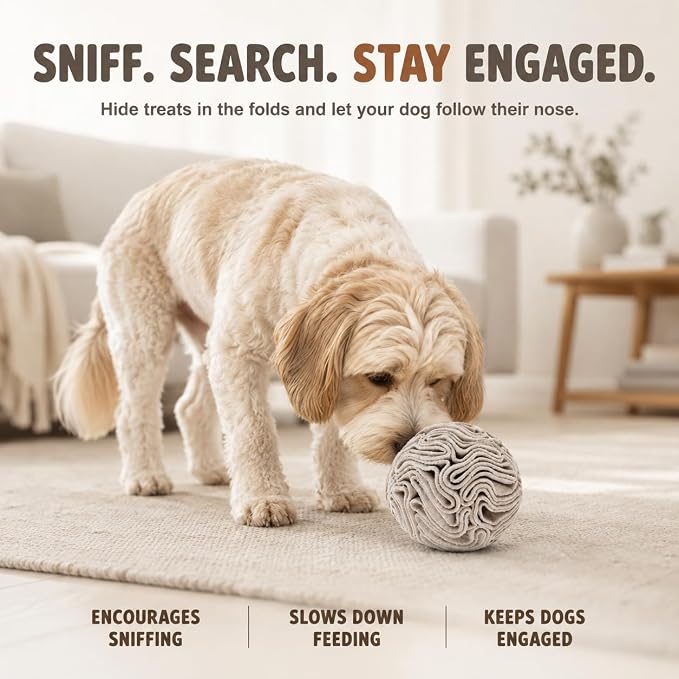 Light Brown Snuffle Ball for Dogs, Slow Feeder Mental Enrichment Toy for Small, Medium Dogs, Discreet Color Interactive Puzzle Game for Anxiety Relief & Indoor Fun, Machine Washable