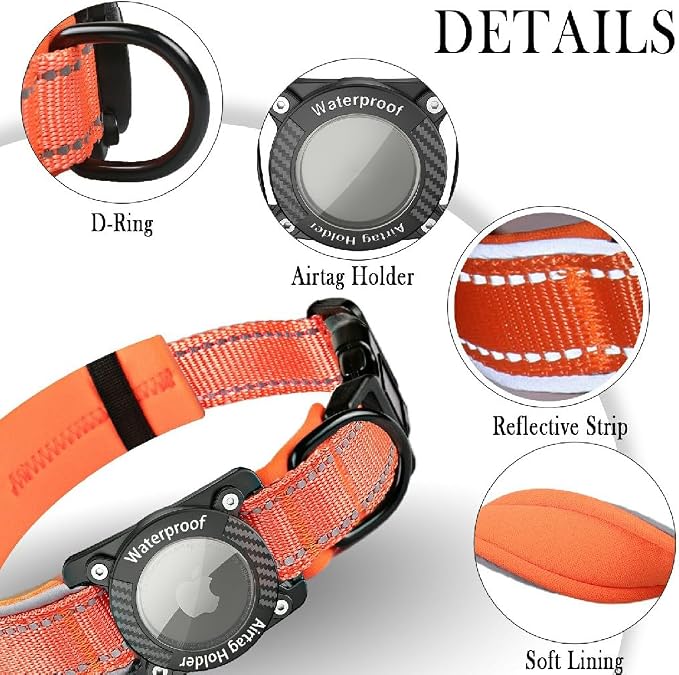 Upgrade Dog Collar with AirTag Holder, IP68 Waterproof, Orange, M | 1000D Nylon, Reflective Stitching for Night Visibility, Adjustable Soft Padded, Ultra-Durable, for Small Medium Large Dogs