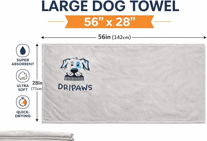 Microfiber Dog Towel for Drying Dogs, 56'' x 28'', Super Absorbent Soft Pet Grooming Towel, Fast Drying Bath & Shower Towel for Dogs, Grey
