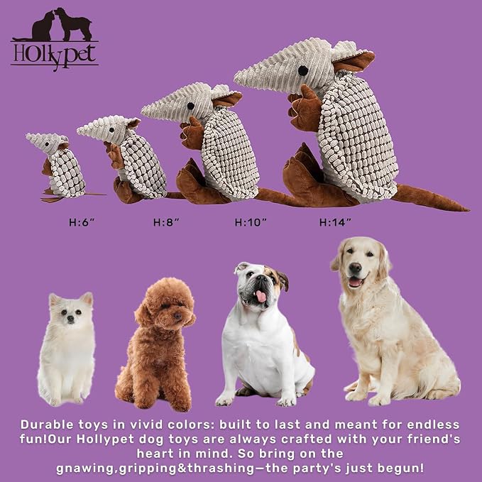Hollypet Armadillo Squeaky Puppy Dog Toys for Small Medium Dogs, 8" | plush stuffed small dog squeak animal toy with unique grunt squeaker textured fabric for teeth cleaning toys