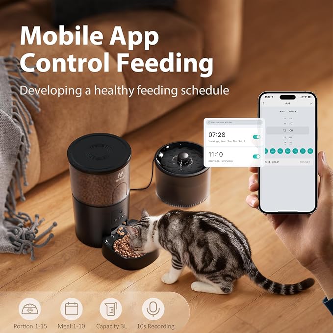 IMIPAW Automatic Cat Feeder with Camera and Water Fountain, HD AI Pet Recognition, APP Remote Control, Timed Food Dispenser, Two-Way Audio, Night Vision Function, 3L Fountains for Drinking with Filter