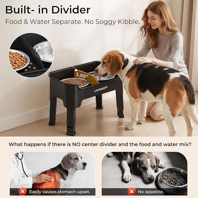 URPOWER Mess Proof Elevated Dog Bowls, High Wall Splash Guard Design, 4 Height Adjustable Raised Bowl Stand, 2 Stainless Steel Bowls, Non-Slip Food Water Set for Small, Medium Dogs