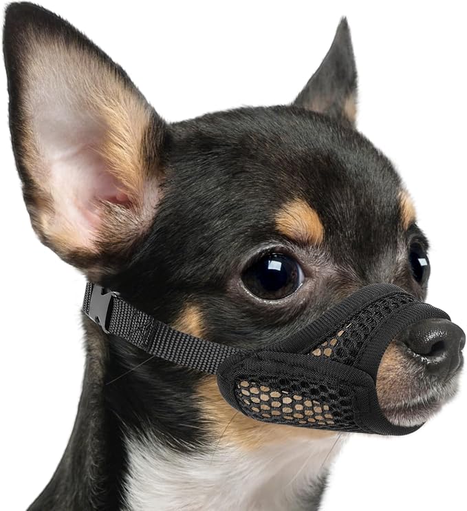 Mesh Muzzle for Short Snout and Small Medium Dogs Anti-Biting | Fits Brachycephalic Dogs Chihuahua Pomeranian, Opening Front, Allow Panting, Grooming Vet Visits Use, Soft Fabric | S