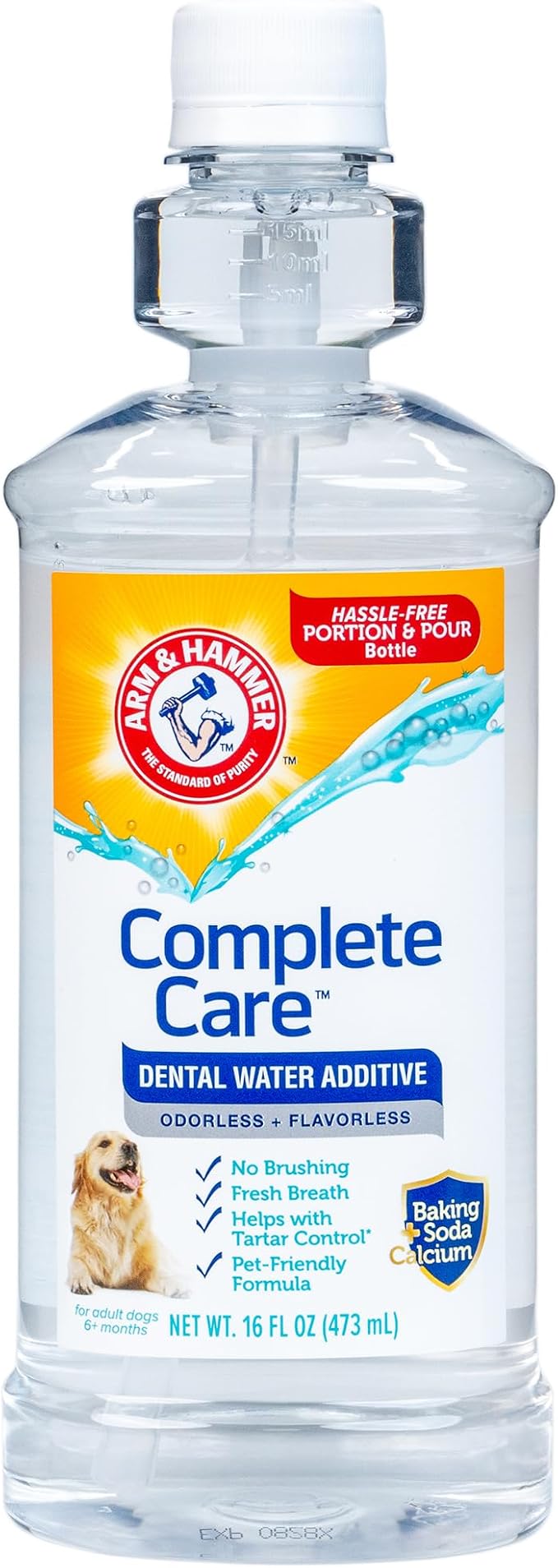 Arm & Hammer Complete Care Dental Water Additive, Easy Portion, 16 Fl Oz | Odorless, flavorless daily formula with baking soda supports tartar control for dogs
