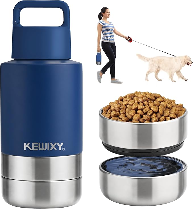 KEWIXY Insulated Dog Travel Water Bottle with Detachable Bowls, 32oz, Navy Blue