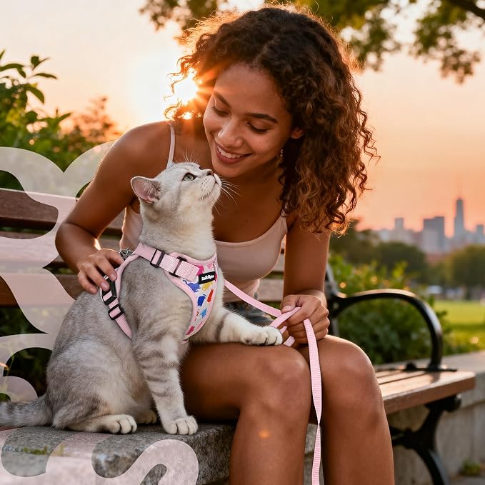 rabbitgoo Cat Harness and Leash Set, Escape Proof Vest, Purrty Pink | Soft Breathable Mesh, Easy Adjustable Fit, Snap Buckles, Sturdy Clip, Reflective Strips, for Medium to Large Cats Walks, M