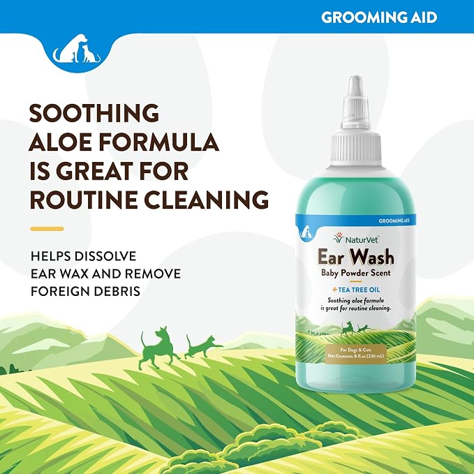 NaturVet Ear Wash with Tea Tree Oil, Aloe & Baby Powder Scent, 8 oz