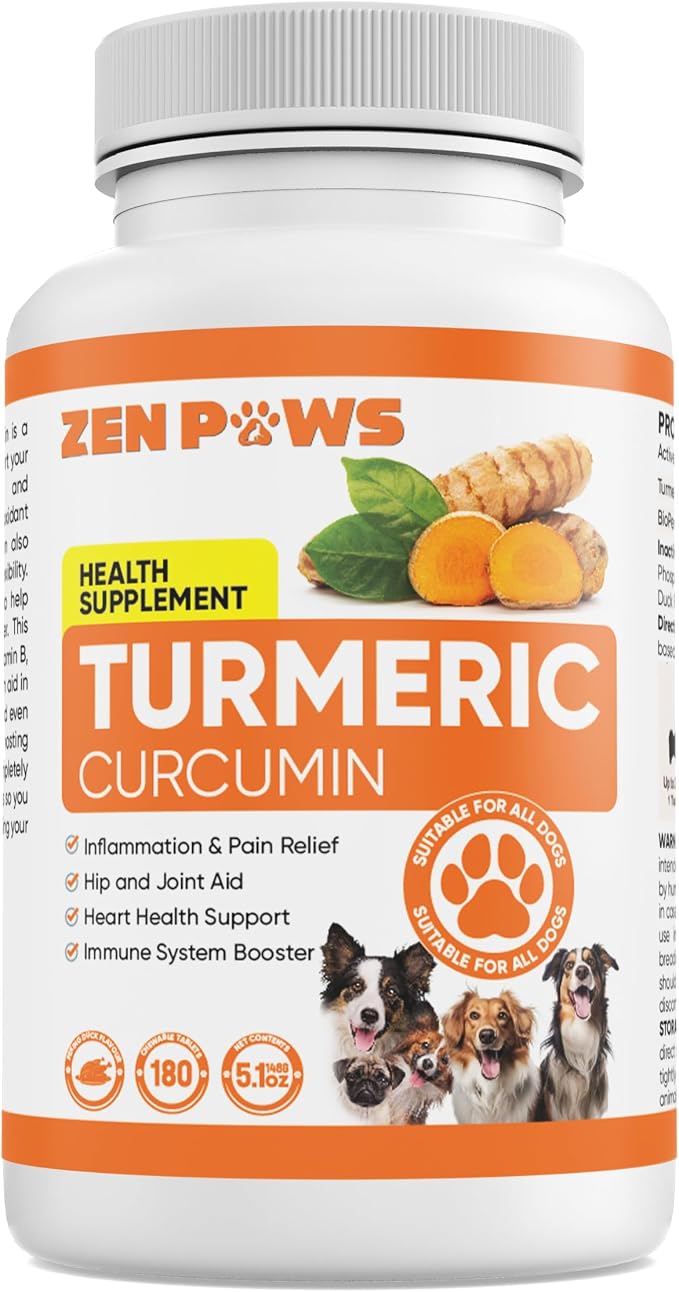 Turmeric for Dogs – 180 Chewable Tablets – Hip and Joint Support with Curcumin & Piperine – Joint Supplement, Anti Inflammatory & Mobility Support, Allergy & Itch Relief - Duck Flavor with Salmon Oil