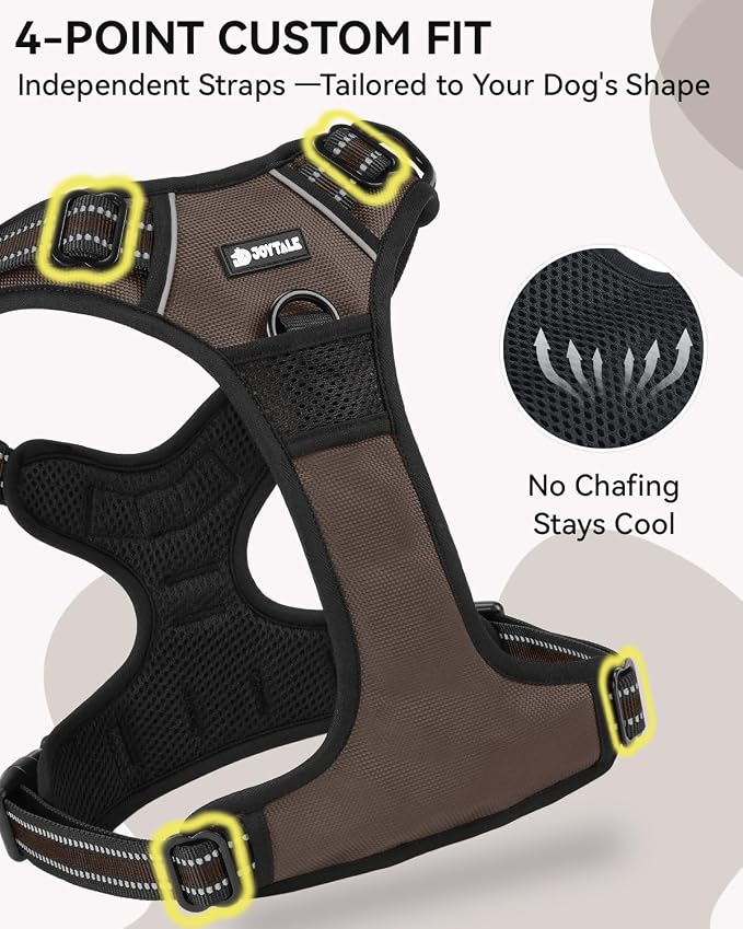 Joytale No Pull Dog Harness & Seat Belt, Easy On 3-Buckle, M, Brown | Front Clip Reduces Pulling, Escape-Resistant Design, Adjustable Fit, Soft Padding for Comfort, Secure Tether for Safer Travel