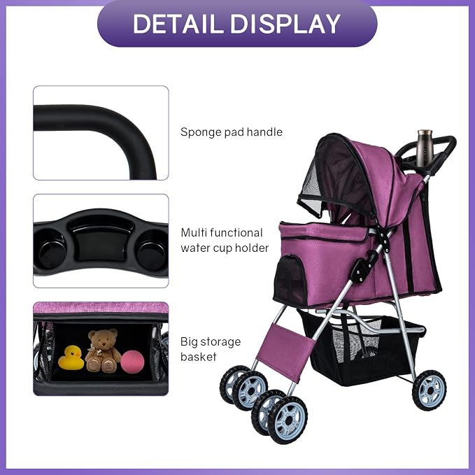 BestPet Pet Stroller - Purple, 4 Wheels
