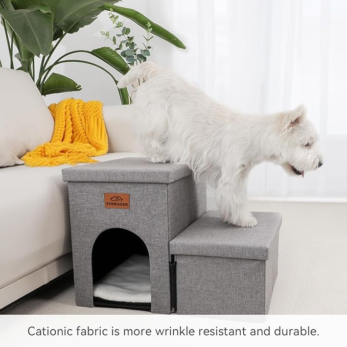 Zerbuger Dog Stairs 15" H, 2-Step Wider Dog Steps for Small/Medium/Large Old Dogs Cats, Folding Sturdy Storage Pet Stairs Climbing Bed Couch, Dog Ramp for Car Hold Up to 150 lbs(Gray, with Condo)