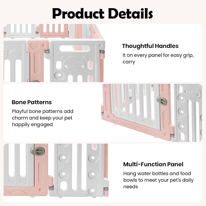 Dog Playpen, Large Pet Playpen with Cute Patterns & 1 Door & 11 Freely Combinable Panels Dog Fence Large Crate for Pets Pet Safety Fence Pet Essentials for Small/Medium Dogs (Pink & White)