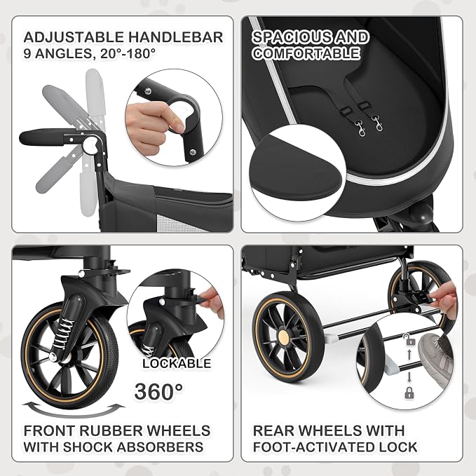 MoNiBloom 3-Wheel Pet Stroller for Large Dogs - Black, up to 55lbs, Dual Entry