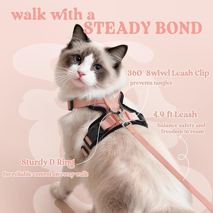 rabbitgoo Cat Harness and Leash Set, Escape Proof Vest, Light Salmon Pink | Soft Breathable Mesh, Easy Adjustable Fit, Snap Buckles, Sturdy Clip, Reflective Strips, for Medium to Large Cats Walks, M