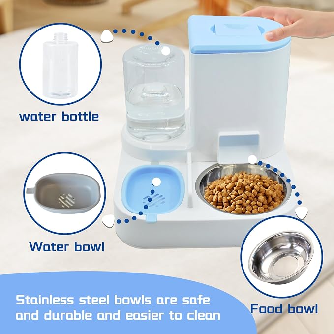 Automatic Cat Food and Water Dispenser Set 2 in 1, 2 in, Stainless Steel, Blue