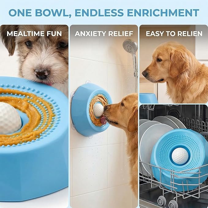 Dogs & Cats Lick Bowl Slow Feeder, Dog & Cat Enrichment Toy with Rotating Treat Ball, Strong Suction Base, Easy to Clean Interactive Puzzle Feeder for Anxiety Relief, Slow Eating & Mental Stimulation