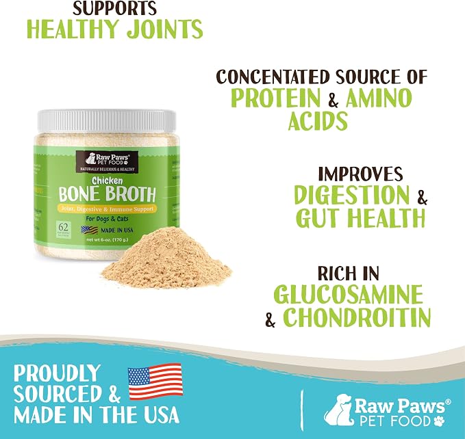 Raw Paws Chicken Bone Broth for Dogs & Cats, 6-oz - Made in USA - Dog Food Topper - Bone Broth Protein Powder for Dogs and Cats - Supports Joint Health - All Ages, Sizes & Breeds