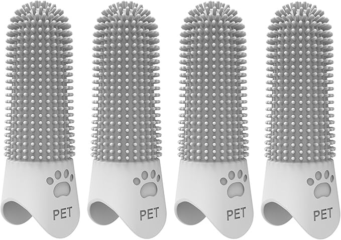 Silicone Finger Toothbrush for Dogs & Cats - 360° Oral Care, Breath Freshening, Tartar & Stain Removal, Food-Grade Soft, Long Design, Reusable, for S/M/L Pets (Grey 4-Pack)