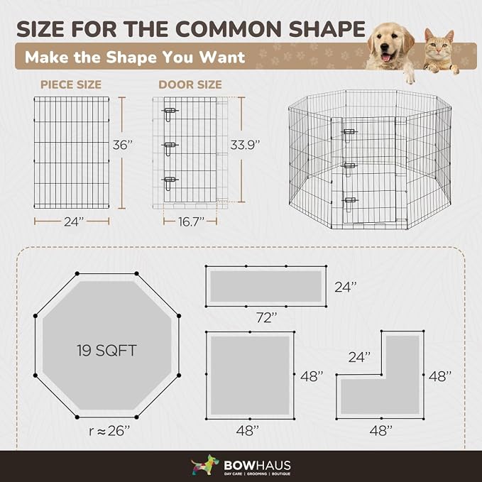 BOWHAUS Foldable Outdoor/Indoor Pet Playpen with Gate, Available in 36 Inch Height Metal Portable Kennel, Heavy-Duty Exercise Fence Cage 8 Panels for Large Dog, Animals