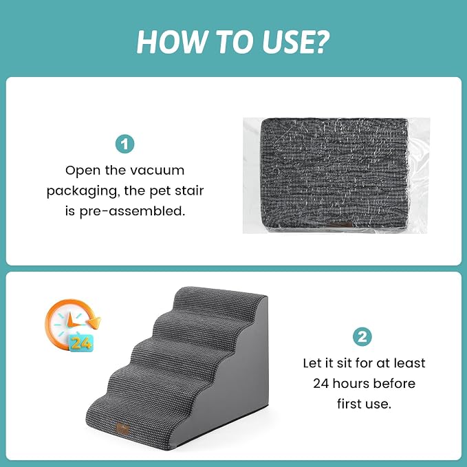 COZY KISS Extra Wide Dog Stair for Small Dog, 5 Step Pet Ramp for Bed | Curved Stable Dog Step for Puppy, Older Cat, Senior, Medium, Short-Legged Dog, Non-Slip Ladder for High Bed, Charcoal Grey