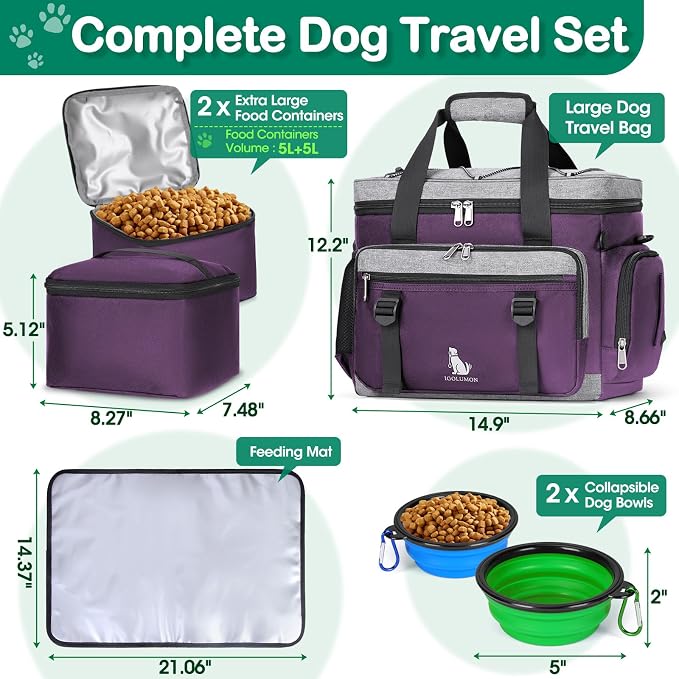 IGOLUMON Dog Travel Bag Set with 2 Food Containers, 2 Bowls, 1 Feeding Mat, Purple