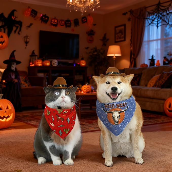 HOWWFALY Pet Cowboy Costume Set Dog Halloween Costumes Cat Cowboy Hat & Bandana Scarf, Small, Small, Red