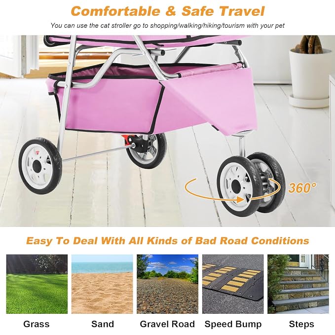 BestPet 3-Wheel Jogger Pet Stroller - Pink, Cup Holder & Removable Liner