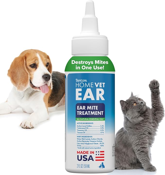 TropiClean HomeVet Dog Ear Cleaner, Ear Mite Treatment, 2 oz